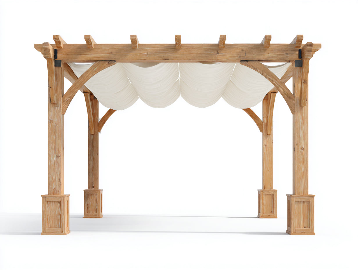 Pergola da giardino-Legno-Tessuto-Metallo-410x300x265 cm-Bianco-Marrone chiaro-Classico con tenda ondulata