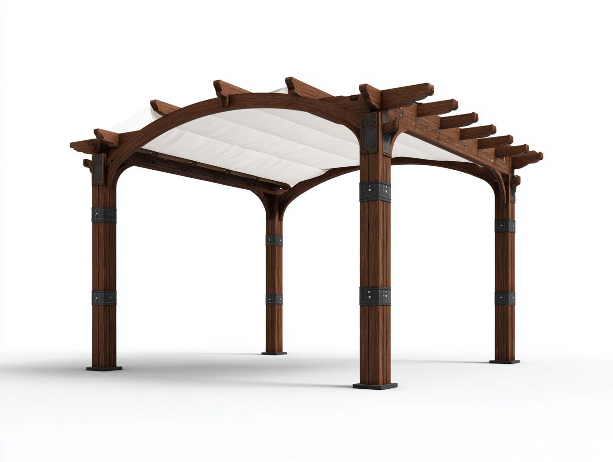 Pergola da giardino-Legno-Tessuto-Metallo-360x320x270 cm-Bianco-Marrone scuro-Rustico ad arco