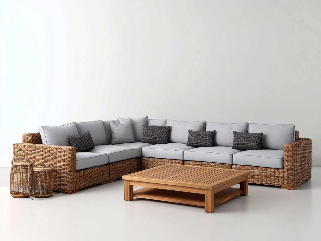 Divani da esterno-Rattan PE-Tessuto-Legno-292x218x73 cm-Beige chiaro-Grigio chiaro-design moderno
