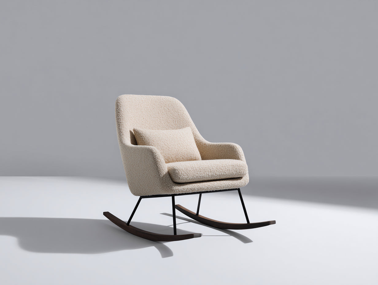 Sedia a dondolo-Tessuto bouclé-Metallo-Legno-92x80x94 cm-Beige crema-Nero-Marrone scuro-Stile minimalista
