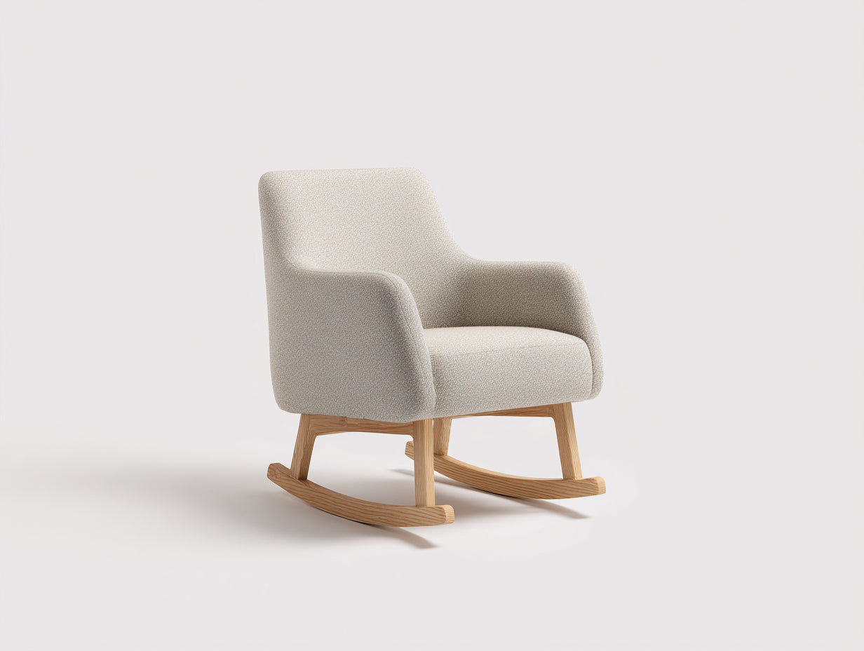 Sedia a dondolo-Tessuto bouclé-Legno-93x79x95 cm-Crema-Naturale-Stile nordico moderno