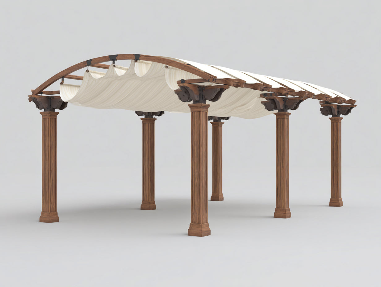 Pergola da giardino-Legno-Tessuto-Metallo-520x360x285 cm-Bianco-Marrone-Classico ad arco