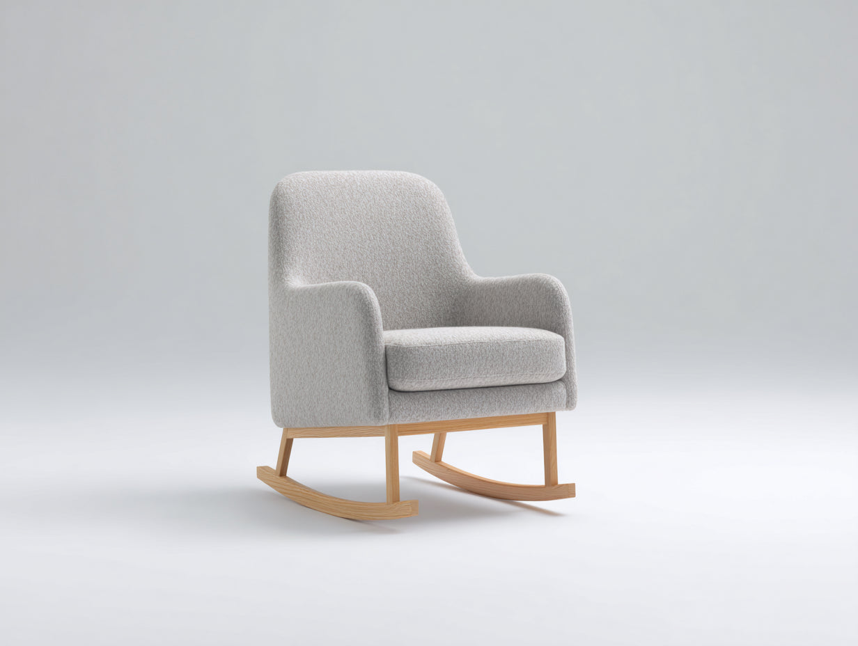 Sedia a dondolo-Tessuto bouclé-Legno-89x78x93 cm-Grigio chiaro-Naturale-Stile moderno