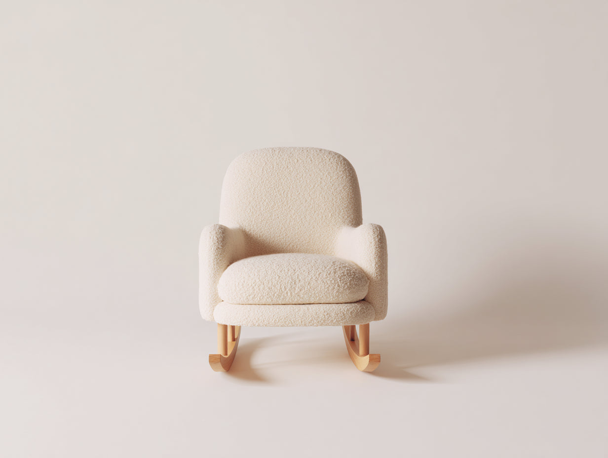 Sedia a dondolo-Tessuto bouclé-Legno-89x77x92 cm-Crema-Naturale-Stile morbido contemporaneo