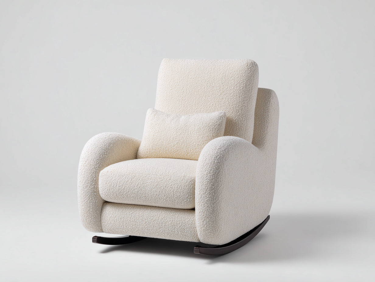 Sedia a dondolo-Tessuto bouclé-Legno-100x88x106 cm-Avorio-Marrone scuro-Design imbottito