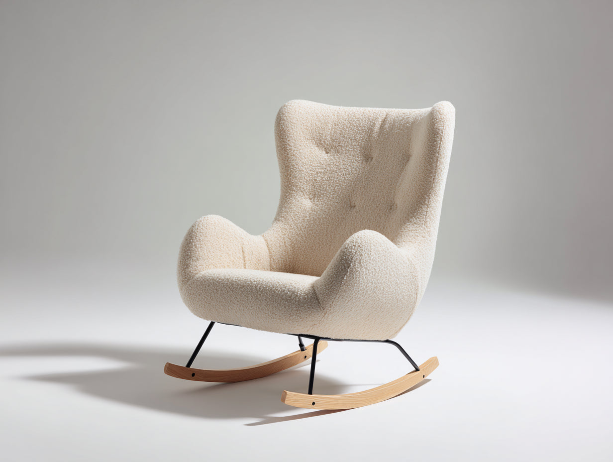 Sedia a dondolo-Tessuto bouclé-Metallo-Legno-98x84x103 cm-Beige crema-Nero-Naturale-Design contemporaneo