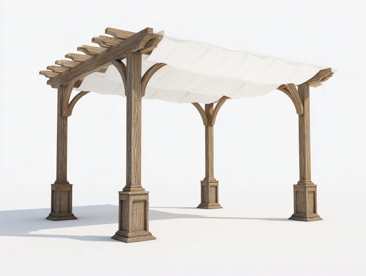 Pergola da giardino-Legno-Tessuto-450x320x275 cm-Bianco-Rovere naturale-Classico con copertura tesa