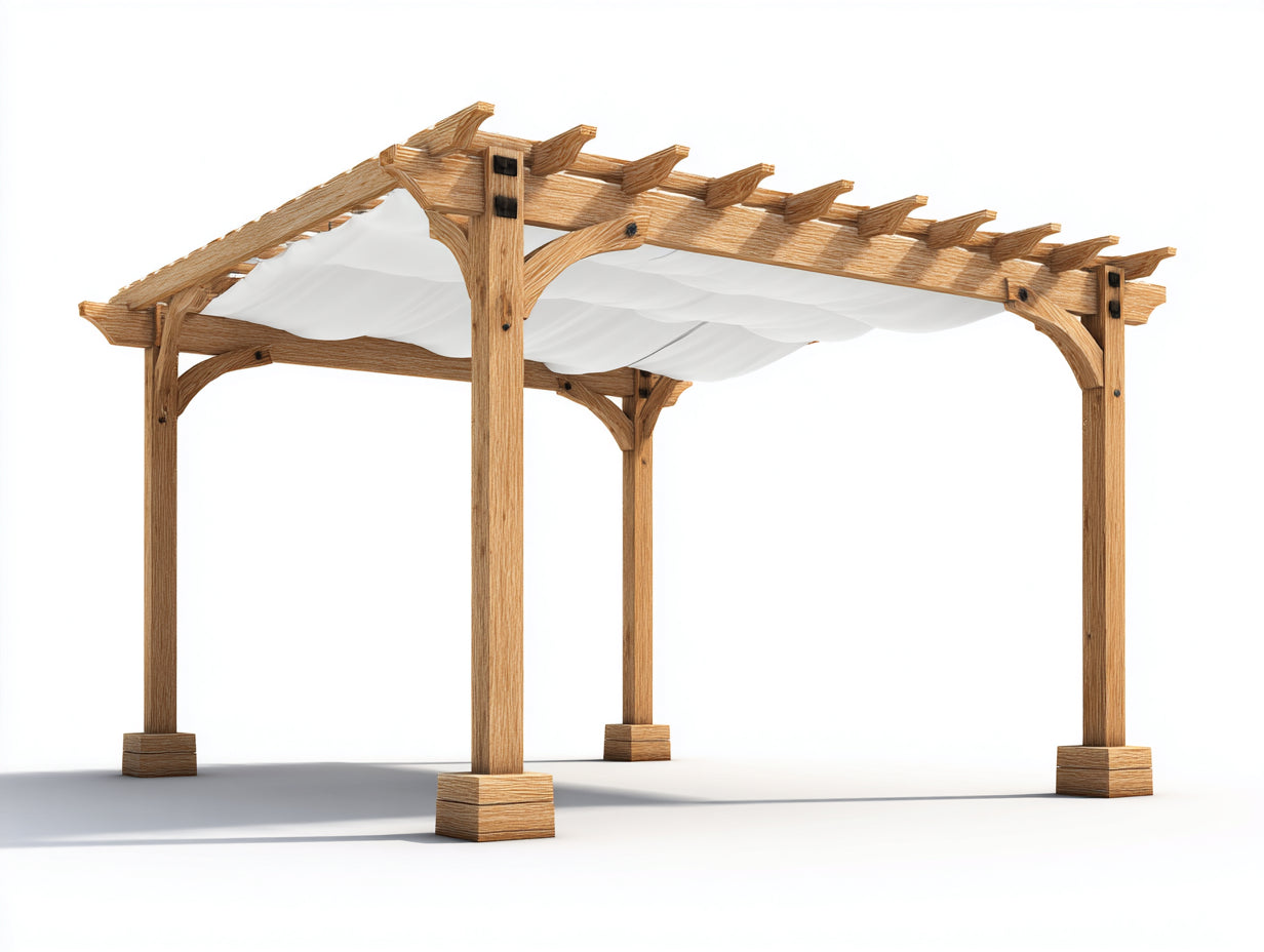 Pergola da giardino-Legno-Tessuto-340x300x265 cm-Bianco-Marrone chiaro-Classico aperto