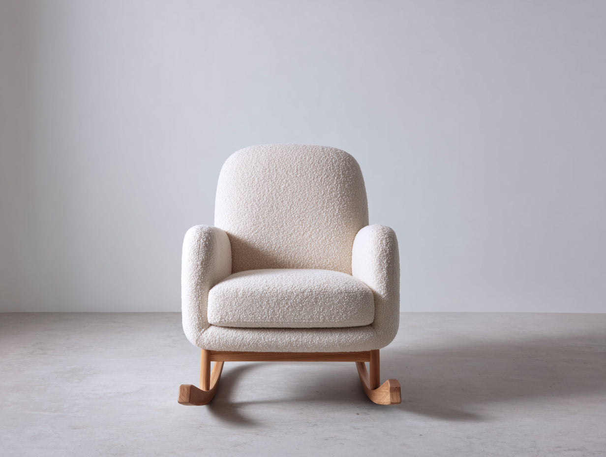 Sedia a dondolo-Tessuto bouclé-Legno-90x78x94 cm-Crema-Naturale-Stile moderno accogliente
