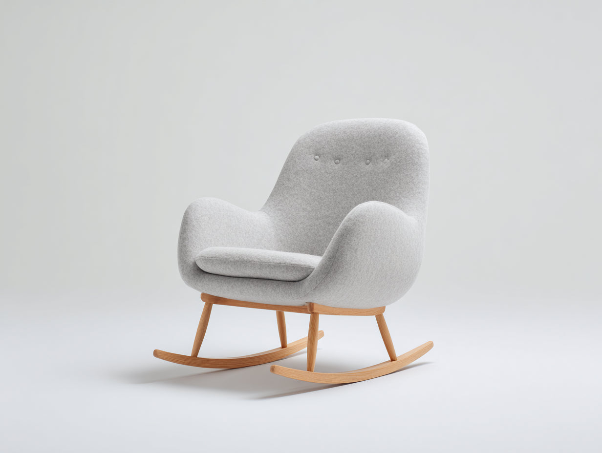 Sedia a dondolo-Tessuto bouclé-Legno-92x80x97 cm-Grigio chiaro-Naturale-Stile retrò moderno
