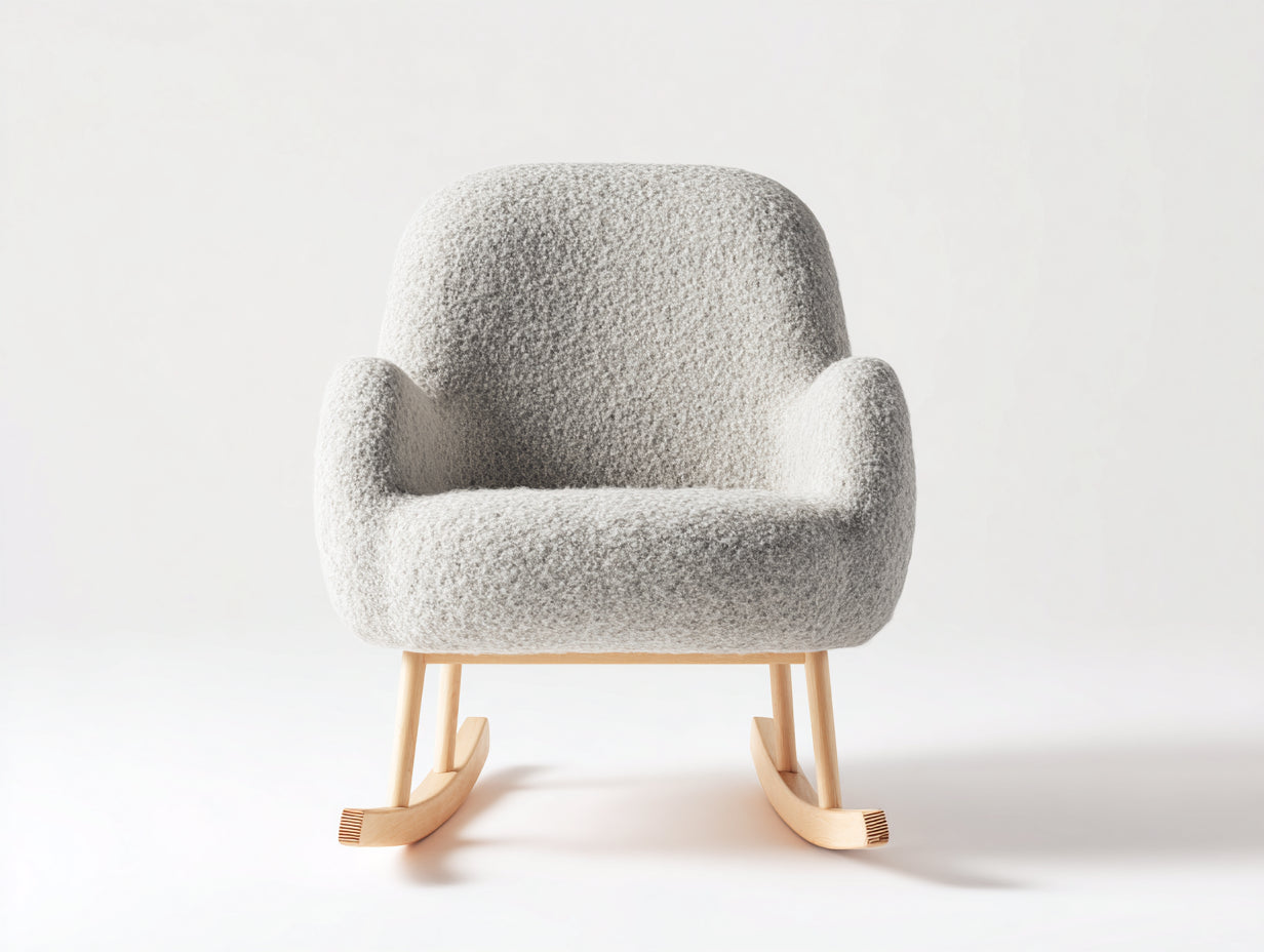 Sedia a dondolo-Tessuto bouclé-Legno-88x77x91 cm-Grigio chiaro-Naturale-Stile minimalista