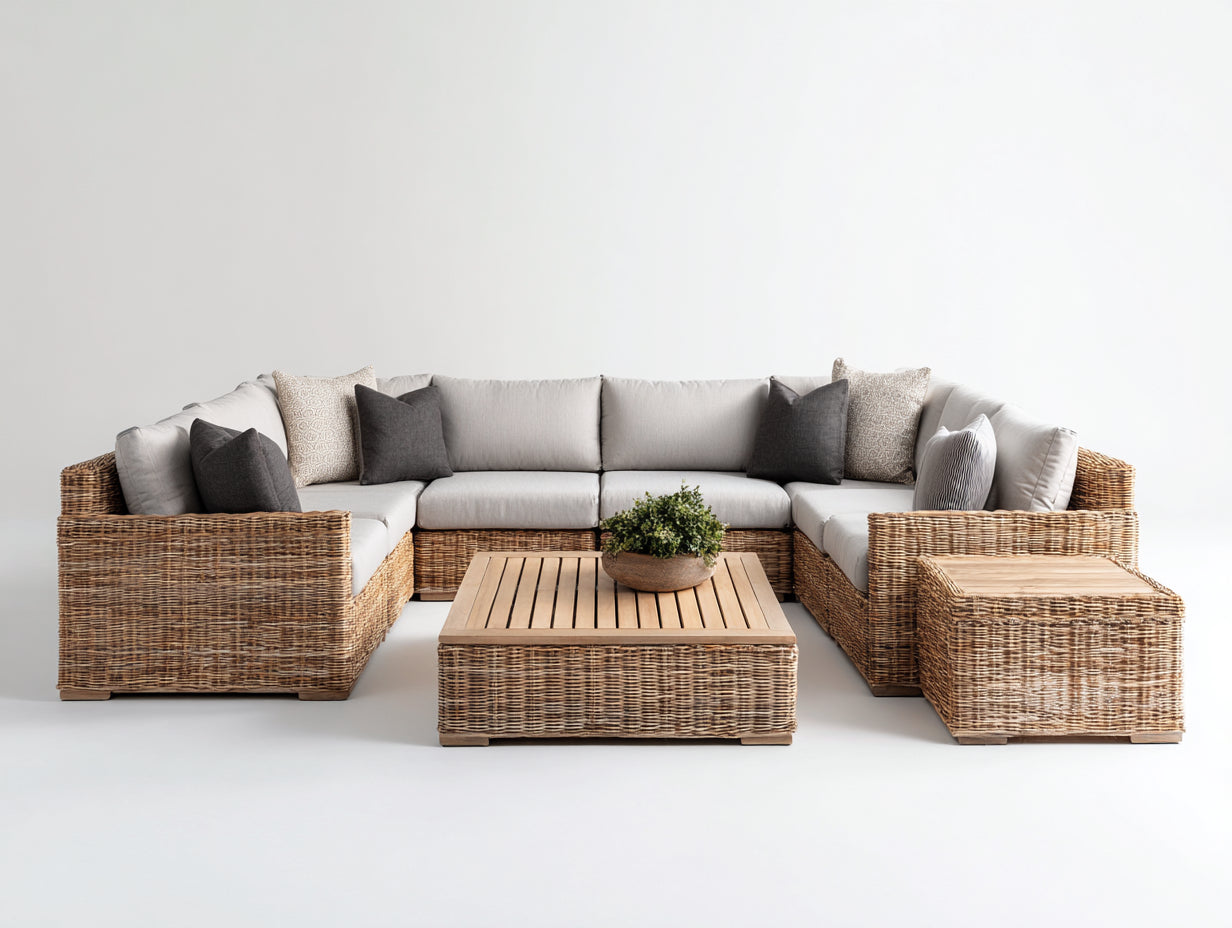 Divani da esterno-Rattan PE-Tessuto-Legno-305x245x73 cm-Beige chiaro-Grigio chiaro-design moderno
