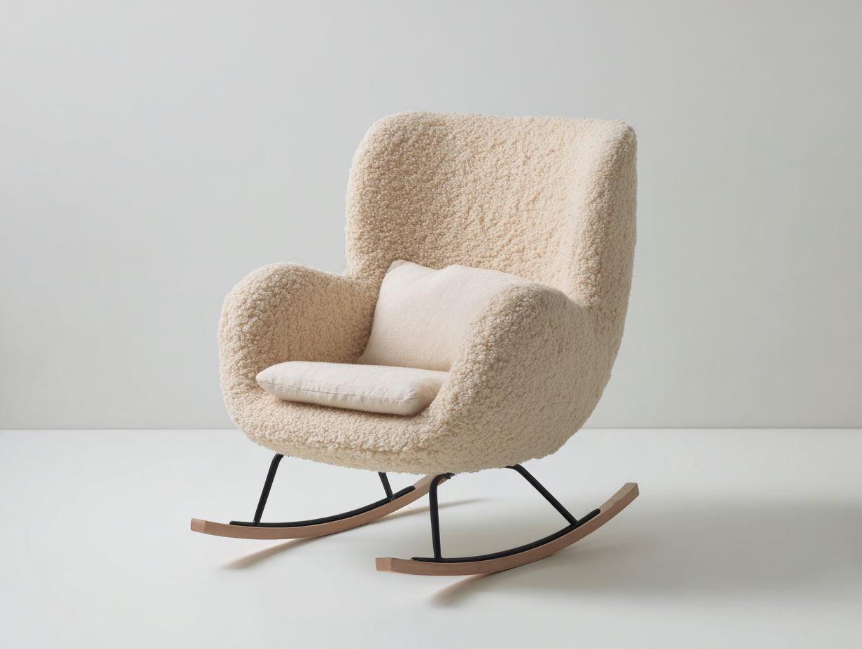 Sedia a dondolo-Tessuto bouclé-Metallo-Legno-96x82x101 cm-Beige crema-Nero-Naturale-Moderno