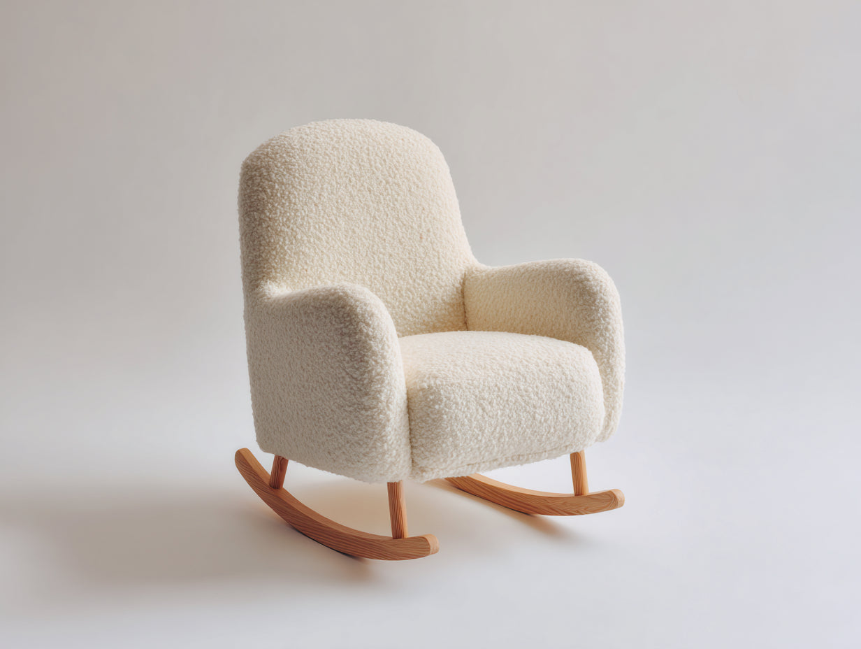 Sedia a dondolo-Tessuto bouclé-Legno-91x79x96 cm-Crema-Naturale-Stile moderno morbido