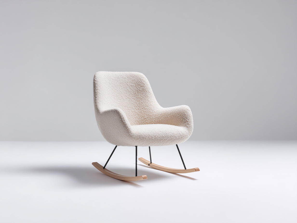 Sedia a dondolo-Tessuto bouclé-Metallo-Legno-90x78x92 cm-Beige crema-Nero-Naturale-Stile scandinavo
