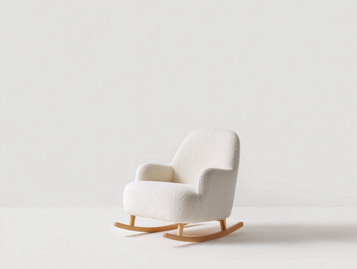 Sedia a dondolo-Tessuto bouclé-Legno-86x76x90 cm-Avorio-Naturale-Stile nordico