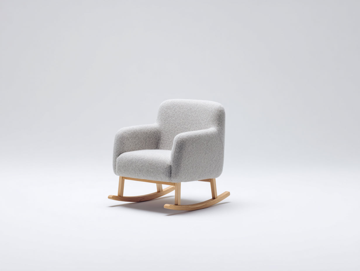 Sedia a dondolo-Tessuto bouclé-Legno-87x75x88 cm-Grigio chiaro-Naturale-Design compatto