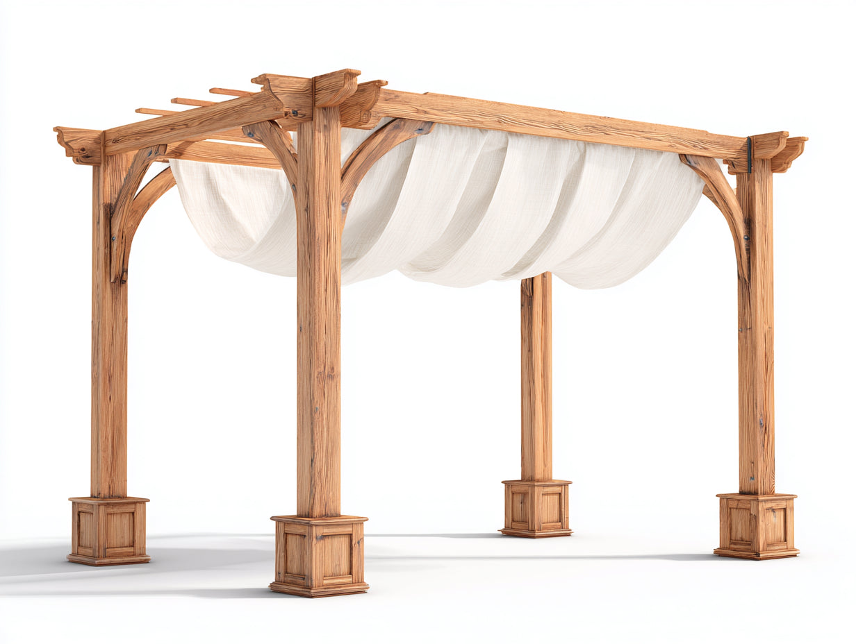 Pergola da giardino-Legno-Tessuto-Metallo-430x320x270 cm-Bianco-Marrone miele-Rustico con telo drappeggiato