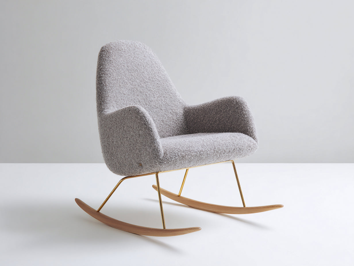 Sedia a dondolo-Tessuto bouclé-Metallo-Legno-94x79x95 cm-Grigio-Naturale-Oro-Stile moderno