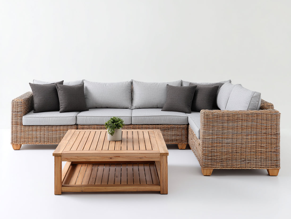 Divani da esterno-Rattan PE-Tessuto-Legno-265x205x73 cm-Beige chiaro-Grigio chiaro-design moderno